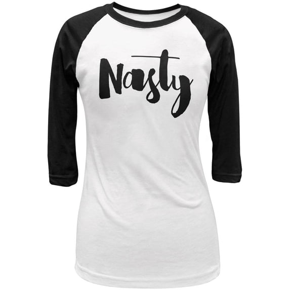 Script Cursive Nasty Woman Juniors 3/4 Sleeve Raglan T Shirt White-Black X-LG