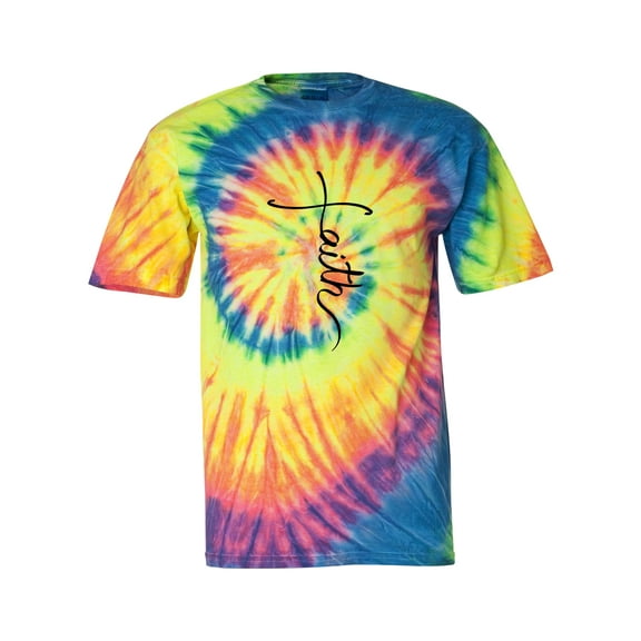 Script Faith Cross Christian Tie Dye Unisex Short Sleeve T-shirt-Fluorescent Rainbow-Small