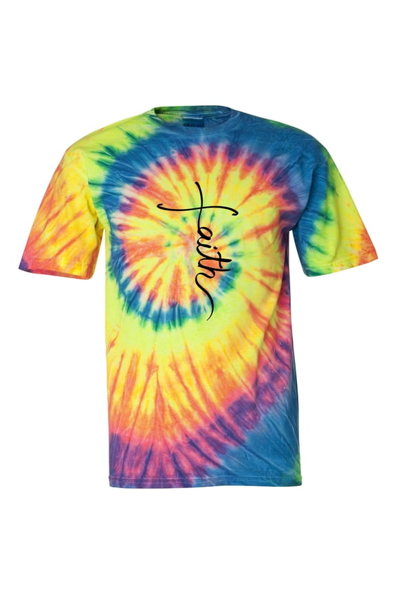 Script Faith Cross Christian Tie Dye Unisex Short Sleeve T-shirt-Fluorescent Rainbow-Small