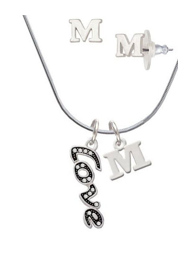 Script ''Love'' with Clear Crystals - M Initial Charm Necklace and Stud Earrings Jewelry Set