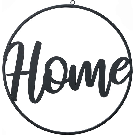 Scripted Home Sign, Word Art, Circular Frame, Matte Black, Iron, 15 Inches in Diameter, Hand Welded Details