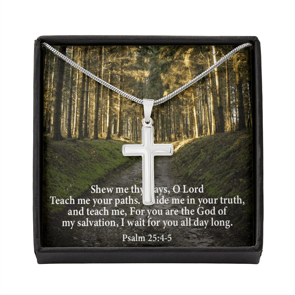Scripture Card Baptism Psalm 25:4-5 Cross Necklace Faith Stainless Steel Pendant Religious
