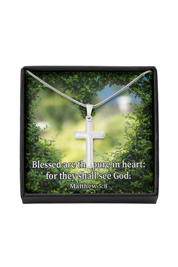 Scripture Card Blessed Pure In Heart Matthew 5:8 Cross Card Necklace w Stainless Steel Pendant Religious