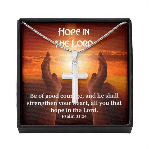 Scripture Card Hope In The Lord Psalm 31:24 Cross Card Necklace w Stainless Steel Pendant Religious