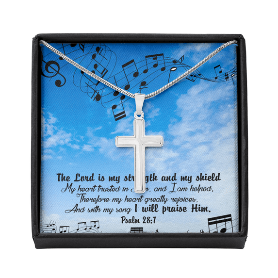 Scripture Card Lord Is My Strength Psalm 28:7Cross Card Necklace w Stainless Steel Pendant Religious