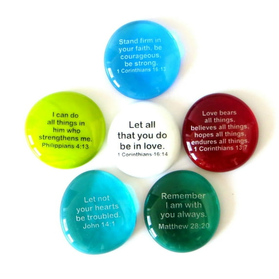 Scripture Glass Stones, Six of Your Favorite Inspiring Bible Verses on Translucent and Opaque Rocks, by Lifeforce Glass.Set III.
