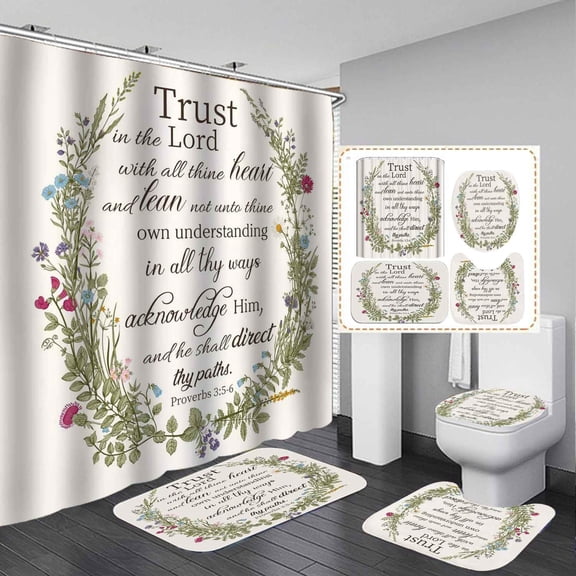 Scripture Shower Curtain Set with Rugs and Toilet Lid Cover, 4 Piece Christian Bible Verse Floral Wreath Bathroom Decor Set, Waterproof Curtain with 12 Hooks, Non-Slip Bath Mat and U Shape Rug