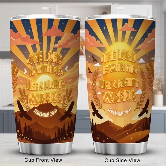 Scripture Tumbler 20oz Inspirational Bible Verse Jeremiah 20:11 Coffee Tea Cup with Lid The Lord Is With Me Black Gold Style
