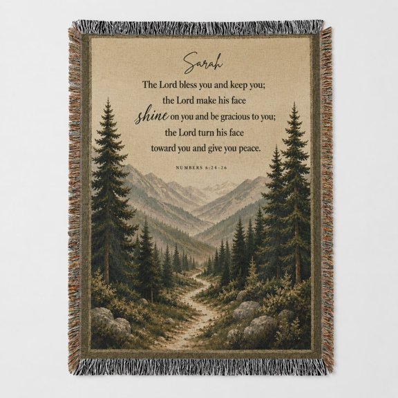 Scripture Woven Cotton Throw Blanket with Fringe, Mountain Forest Design