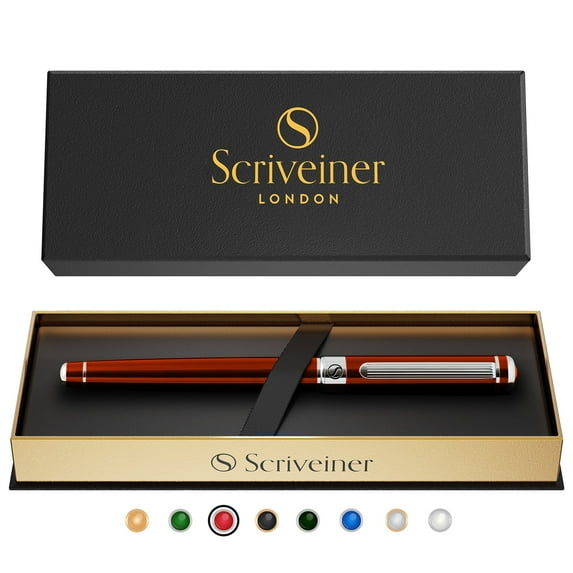 Scriveiner Deep Crimson Red Rollerball - Stunning Red Lacquer Luxury Pen with Chrome Finish, Schmidt Ink Refills, Roller Ball Pen Gift Set for Men & Women, Professional, Executive, Office, Nice Pens