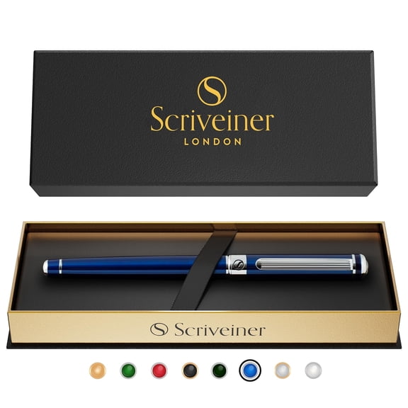 Scriveiner Midnight Blue Rollerball Pen - Stunning Blue Lacquer Luxury Pen, Chrome Finish, Schmidt Ink Refills, Best Roller Ball Fathers Day Gift, Men & Women, Professional, Executive Office