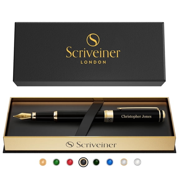 Scriveiner Personalized Black Fountain Pen - Stunning Luxury Pen, Jet Black Lacquer, Real Gold Plating, German Schmidt Nib (Medium), Best Engraved Gift Set for Men & Women, Name Engraving