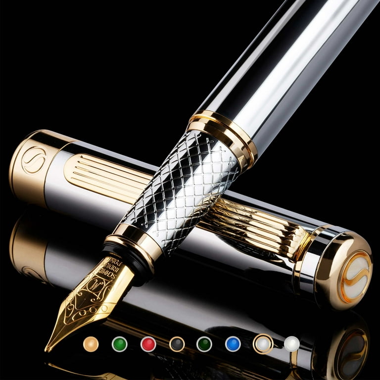 Scriveiner Silver Chrome Fountain Pen - Stunning Luxury Pen with 24K Gold  Finish, Schmidt 18K Gilded Nib (Medium), Best Pen Gift Set for Men & Women