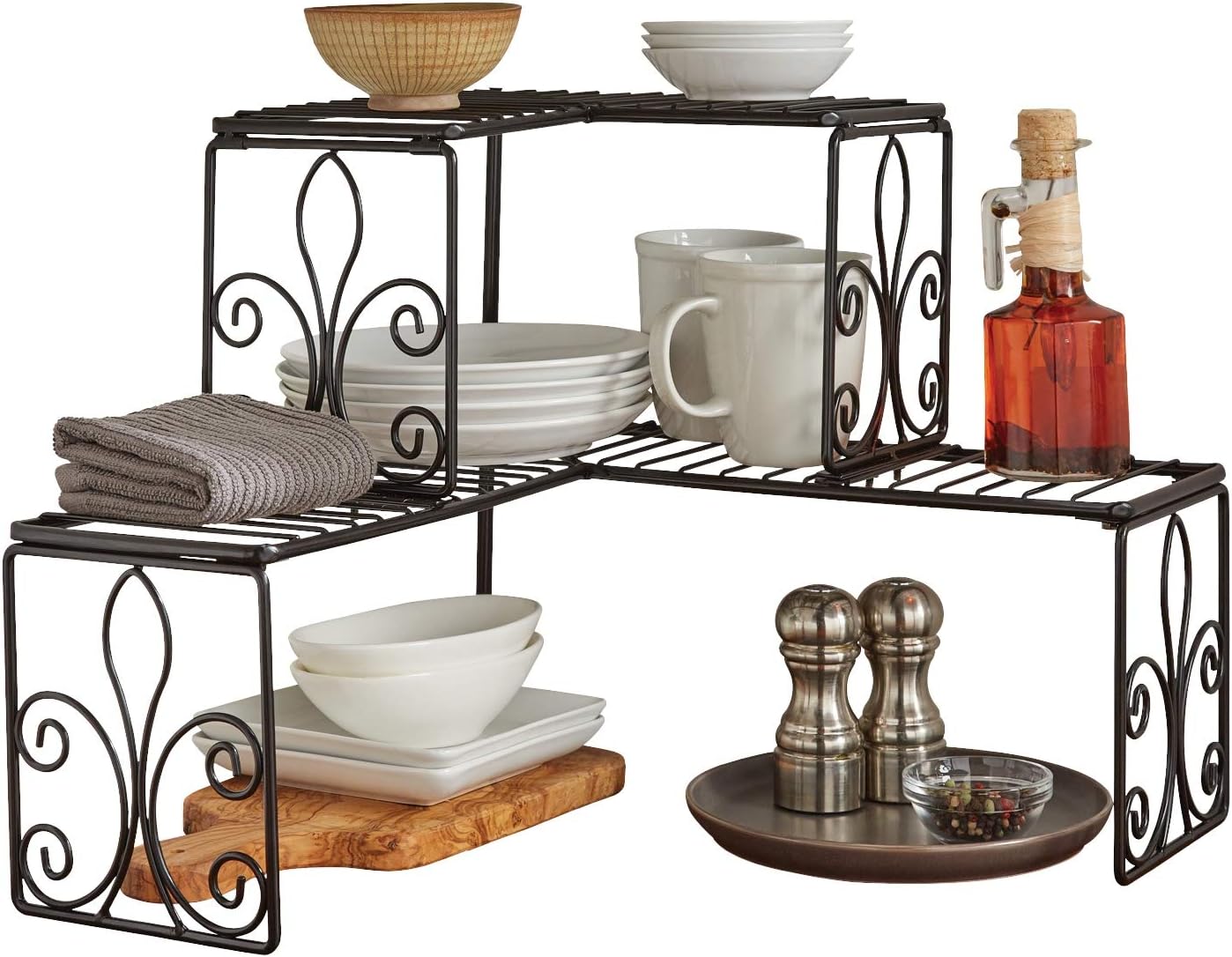 Scroll 2Tier Corner Shelf Kitchen Space Saver Organization, Black