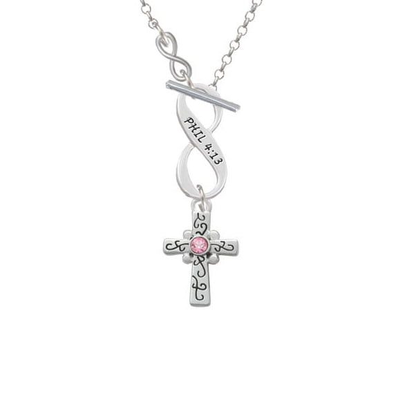 Scroll Cross with Pink Crystal - To Infinity Philippians 4:13 Toggle Necklace