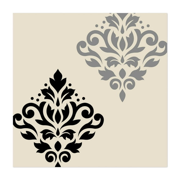 Scroll Damask Art Black Grey Cream - Digital Art Pattern Geometric Floral Art Deco Modern Art Abstract Unframed Wall Art Print 36 x 36 inches