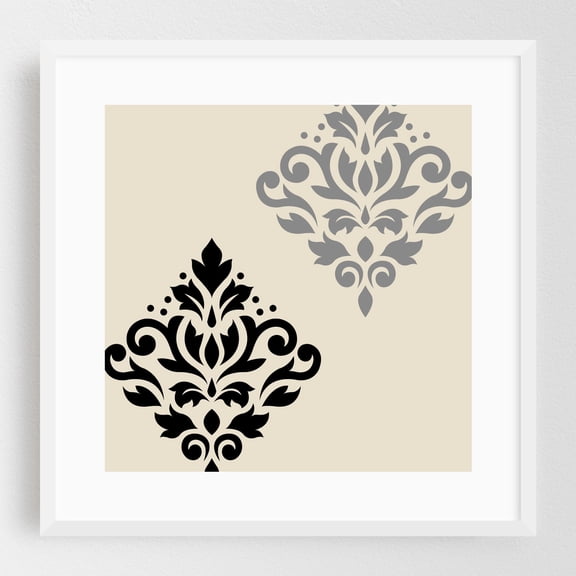 Scroll Damask Art Black Grey Cream - Digital Art Pattern Geometric Floral Art Deco Modern Art Abstract White Framed Wall Art Print 8 x 8 inches