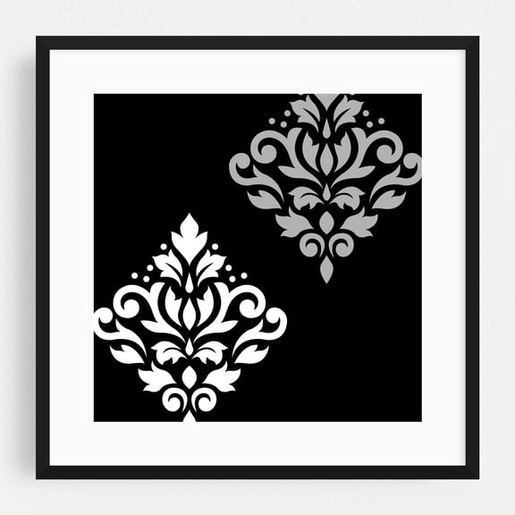 Scroll Damask Art White Grey Black - Digital Art Pattern Floral Black and White Geometric Art Deco Vintage Minimalist Black Framed Wall Art Print 20 x 20 inches