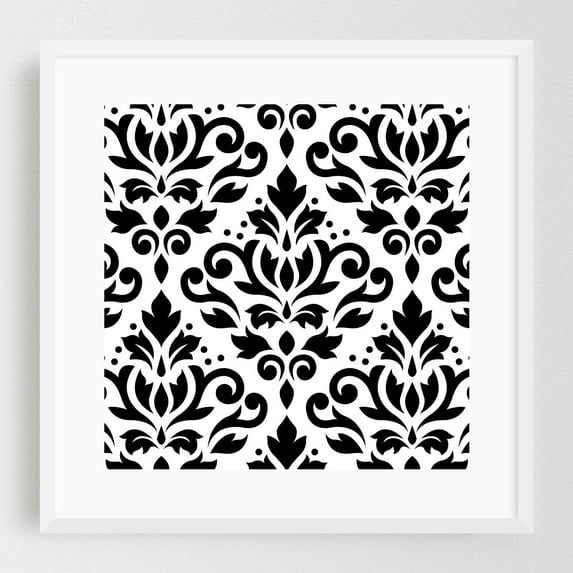 Scroll Damask Large BW Pattern - Digital Art Pattern Floral Geometric Art Deco Black and White Abstract White Framed Wall Art Print 8 x 8 inches