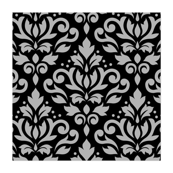 Scroll Damask Large Pattern Grey on Black - Digital Art Pattern Floral Geometric Vintage Art Deco Victorian Black and White Unframed Wall Art Print 6 x 6 inches