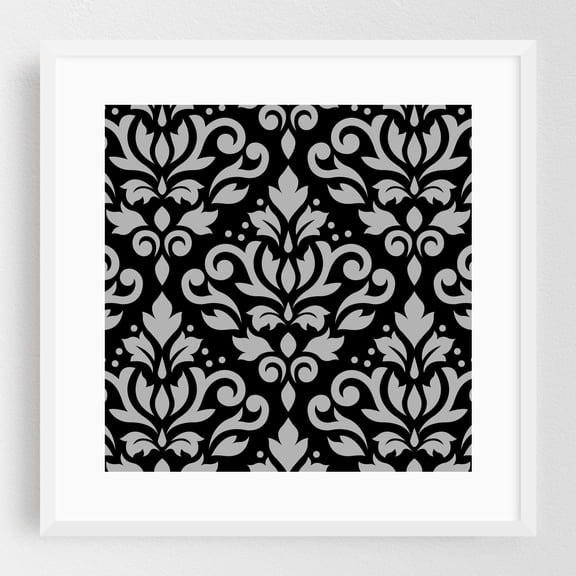 Scroll Damask Large Pattern Grey on Black - Digital Art Pattern Floral Geometric Vintage Art Deco Victorian Black and White White Framed Wall Art Print 8 x 8 inches