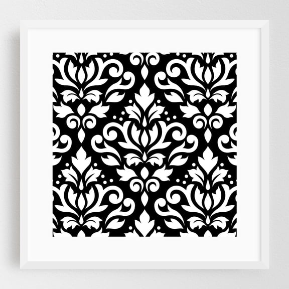Scroll Damask Large Pattern White on Black - Photography Pattern Black and White Floral Geometric Art Deco Vintage Abstract White Framed Wall Art Print 20 x 20 inches