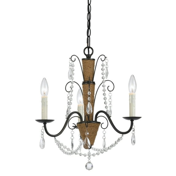 Scroll Metal Frame Chandelier with Hanging Crystals and Wrapped Rope,Bronze- Saltoro Sherpi