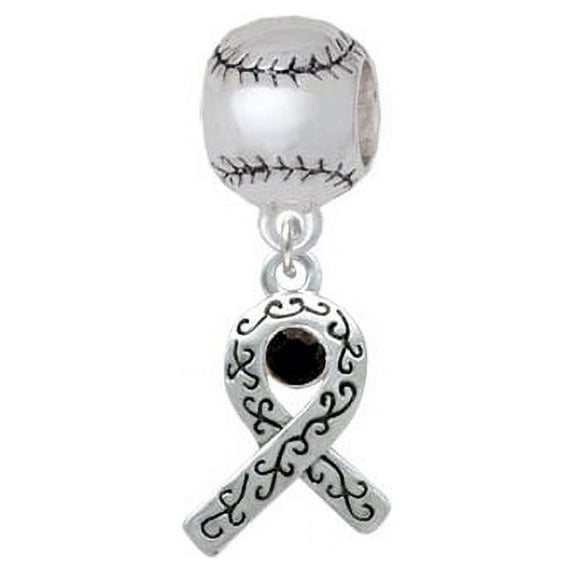 Scroll Ribbon with Black Crystal - Softball Charm Bead