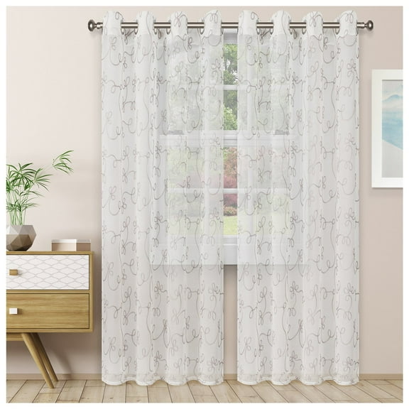 Scroll Soft Diffused Light Airy Lightweight Floral Sheer Curtain Set Grey / 52"x108"