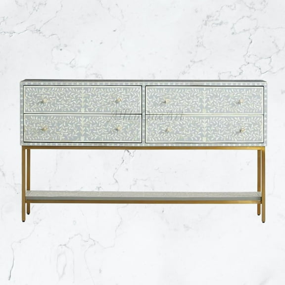 Scroll Vine Inlay Entryway Console, Bone Inlay entryway console grey, bone inlay hallway console, bone inlay table grey