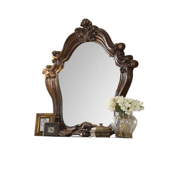 Scroll and Molded Wooden Mirror with Carved Details Cherry Brown - Saltoro Sherpi