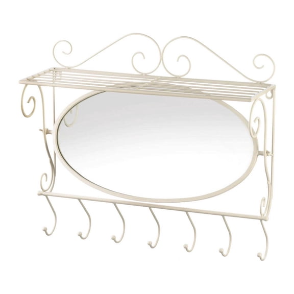 Scrolled Iron Wall Shelf with Hooks and Mirror