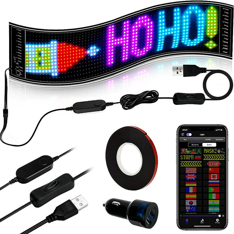 Scrolling Bright Advertising LED Signs, Flexible USB 5V LED Car Sign Bluetooth App Control Custom Text Pattern Animation Programmable LED Display for