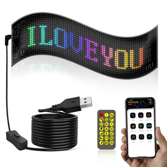 Scrolling Bright Advertising LED Signs, Flexible USB LED Car Sign App Control Custom Text Pattern Animation Programmable LED Display for Store Car Bar Hotel (15''x4'')