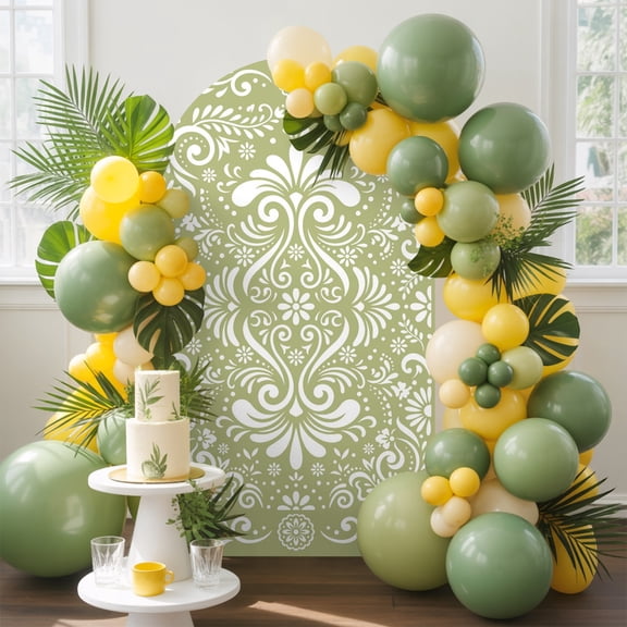 Scrolling Vines Floral Arch Backdrop Cover, 5FT, Damask Green Rustic Spandex Arch Covers Double-Sided Backdrop for Wedding Birthday Party Photo Background Decoration