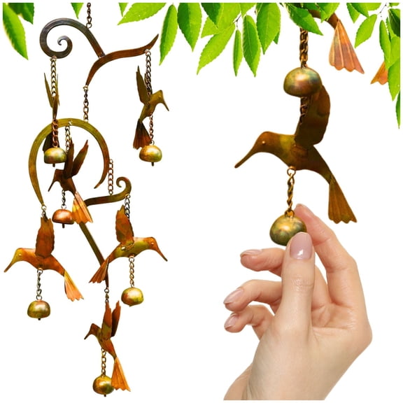 Handcrafted Scrollwork Steel Hummingbird Wind Chimes With 6 Bells (Flamed Finish) Happy Gardens Outdoor Metal Hook Hanging Decor For Outside Back Yard