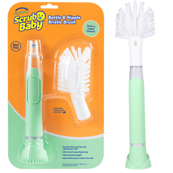 Scrub Daddy Scrub Baby Scratch-Free Self-Standing One-Touch Soap Dispensing Built-in Nipple Cleaner Baby Bottle Cleaning Brush
