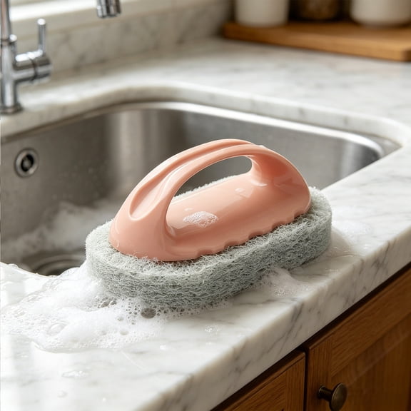 Scrub Brush with Handle, Handheld Sponge Scrubber for Kitchen Cleaning, Bathroom Scrubber with Ergonomic Grip, Durable High-Density Scouring Pad, Multi-Purpose Scrubber for Tub and Tile