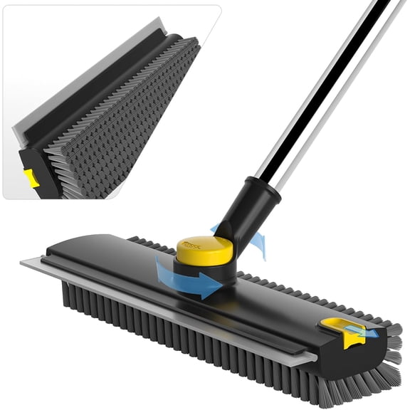 Scrub Brush with Long Handle, Floor Scrub Brush Squeegee Broom for Cleaning, 3 in 1 Shower Scrubber Floor Broom Squeegee for Concrete Tile Wall Deck Patio Grey