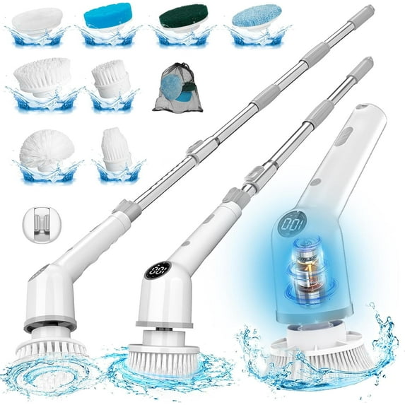 Electric Spin Scrubber: Cordless Shower Scrubber with 8 Replaceable Brush Heads- 3 Adjustable Speeds- Adjustable Extension Handles- Power Cleaning Brush