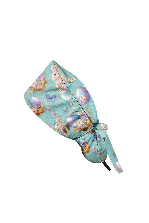 Scrub Cap With Buttons, Nursing Hats With Buttons Easter Unisex Bouffant Hat Fashionable Bunny Eggs Printed Work Cap, Casual Women'S Ponytail Cap Turquoise one size