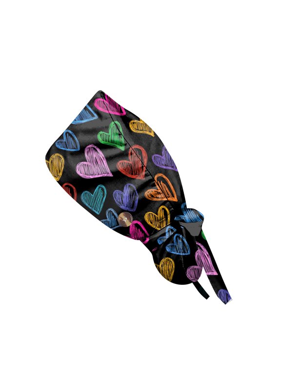 Scrub Cap Fashionable Love Print Work Cap with Ribbon Ties & Buttons Head Cover Adjustable Nursing Hats for Women & Men