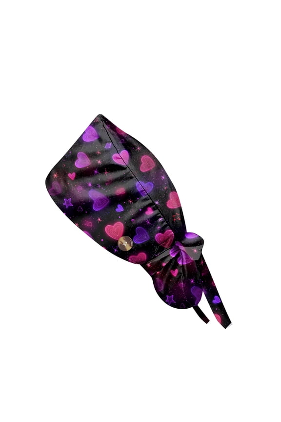 Scrub Cap Fashionable Love Print Work Cap with Ribbon Ties & Buttons Head Cover Adjustable Nursing Hats for Women & Men