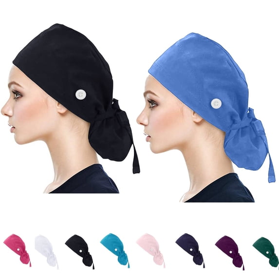 Scrub Cap for Women, Ponytail Pouch Cotton Surgical Hat Sweatband Adjustable Tie Back Nurse Working Cap 2 Pack
