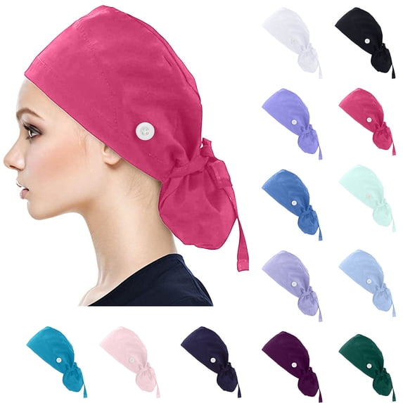 Scrub Cap for Women, Ponytail Pouch, Cotton Surgical Hat, Sweatband, Adjustable Tie Back Nurse Working Cap, Button Black Free size