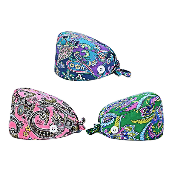 Scrub Cap with Button, 3pc Working Cap Round Bouffant Hat Adjustable Tie Back Sweatband Headwear Hair Cover for Women Men, One Size