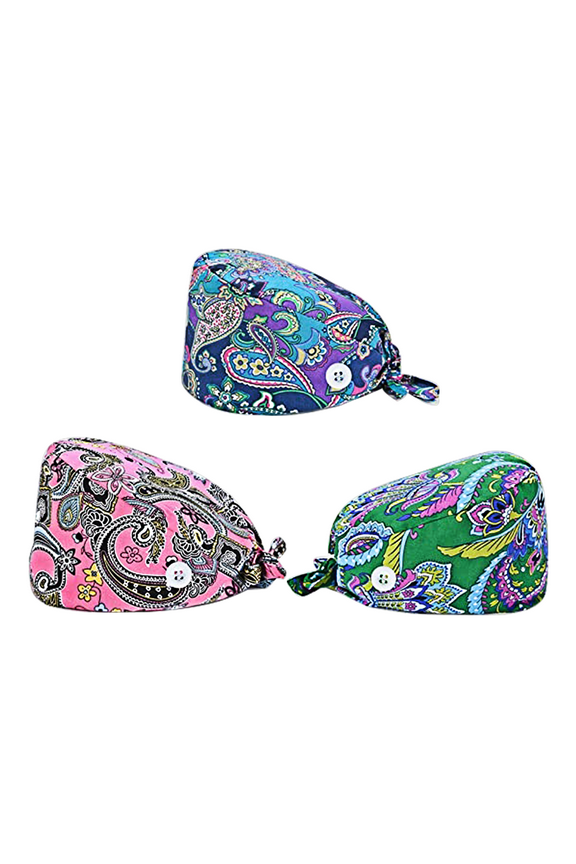 Scrub Cap with Button, 3pc Working Cap Round Bouffant Hat Adjustable Tie Back Sweatband Headwear Hair Cover for Women Men, One Size