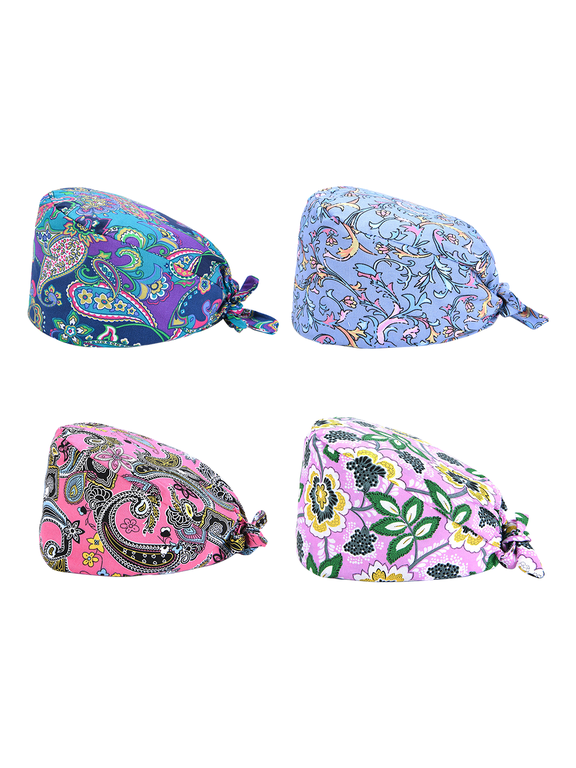Scrub Cap with Button, 4pc Working Cap Round Bouffant Hat Adjustable Tie Back Sweatband Headwear Hair Cover for Women Men, One Size