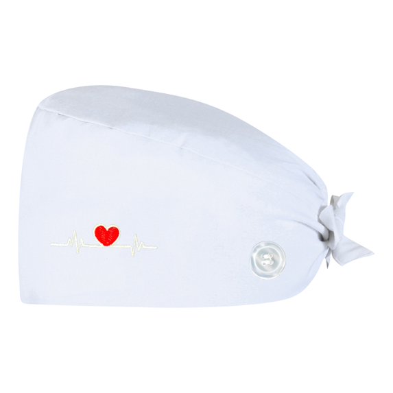 Scrub Cap with Heart Pattern Print and Buttons for Doctors and Nurses Working Long Shifts to Maintain Comfort and Professional Style in Clinics White