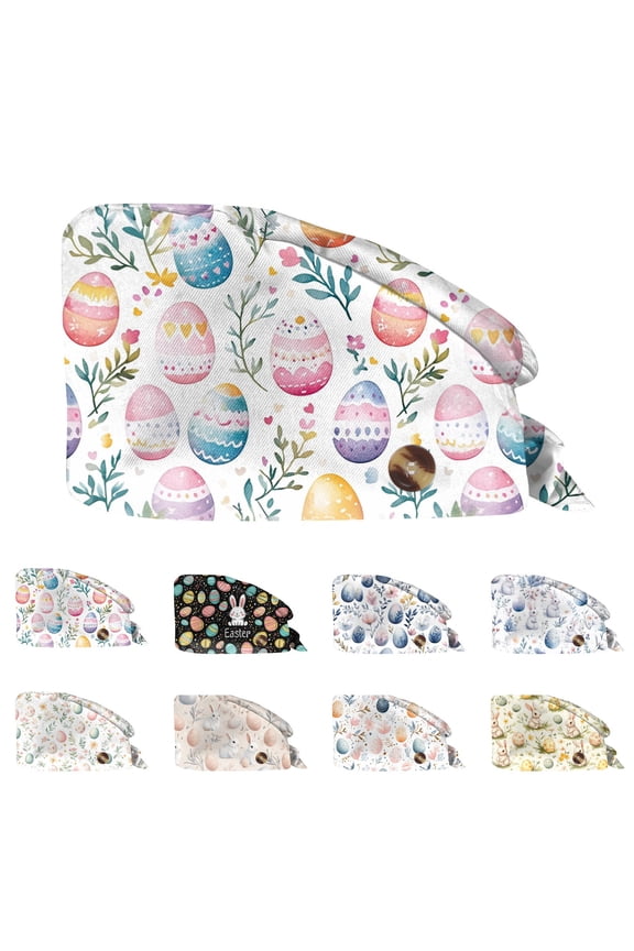 Scrub Caps Easter Bunny Colorful Eggs Print Surgical Caps Nurse Hat with Buttons Adjustable Tie Back Scrub Hats Blue